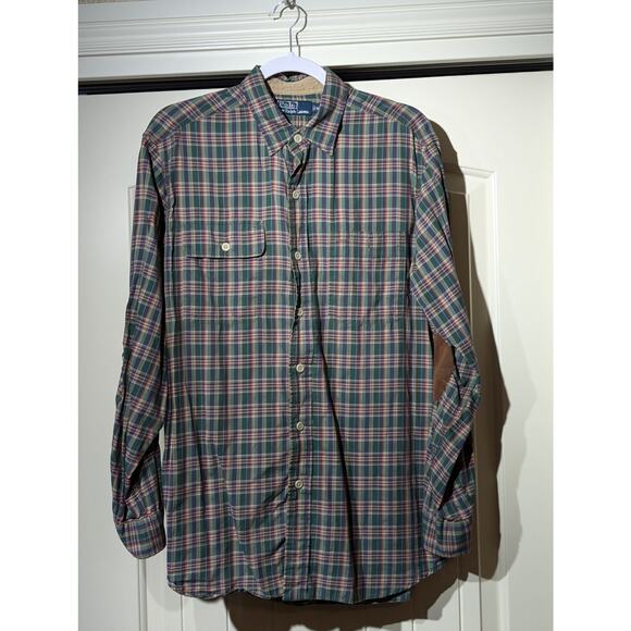 VTG Polo by Ralph Lauren Oversized Green Purple Plaid Elbow Patch Button Up Sz M - Picture 13 of 13